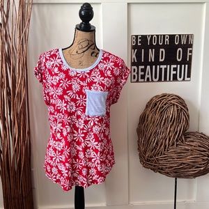 No Boundaries Red and Light Blue Floral Short Sleeve Tee Shirt